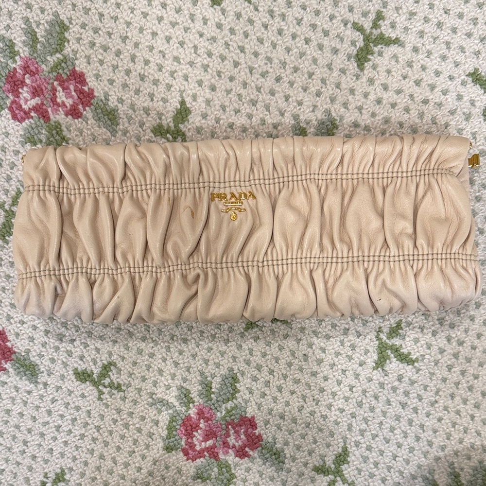 Prada Beige Ruched Gaufre Frame Leather Clutch